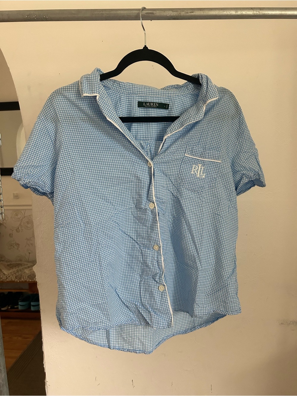 Lauren Ralph Lauren Light Blue Gingham Short-Sleeve Shirt PJ sleep top button L